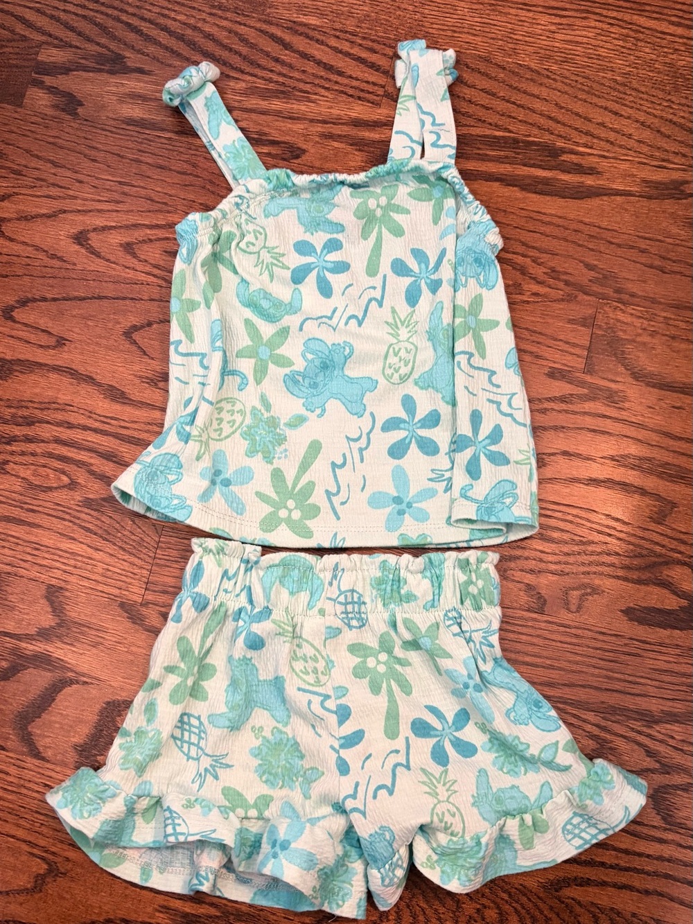 Disney Stitch Aqua & Mint Floral Tank and Ruffle Short Pajama Set